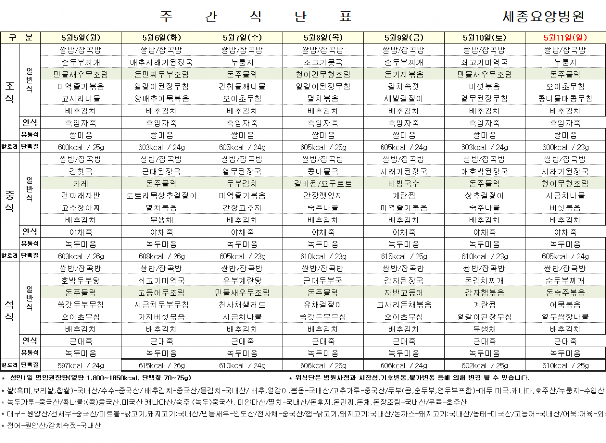 세종요양병원 25년 5월 첫째 주 식단표 첨부이미지 : 5월_첫째주.png