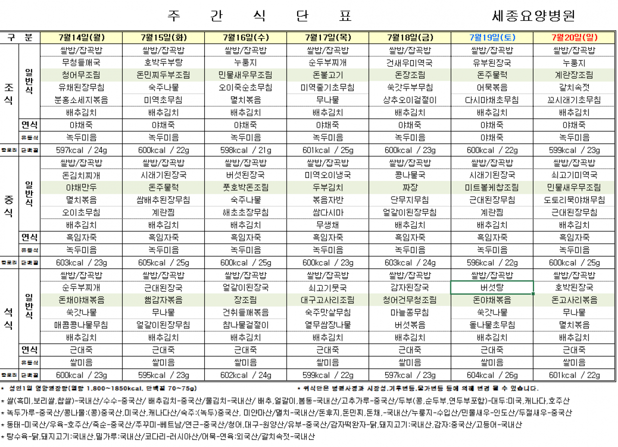 세종요양병원 25년 7월 셋째 주 식단 첨부이미지 : 7월 3주.png