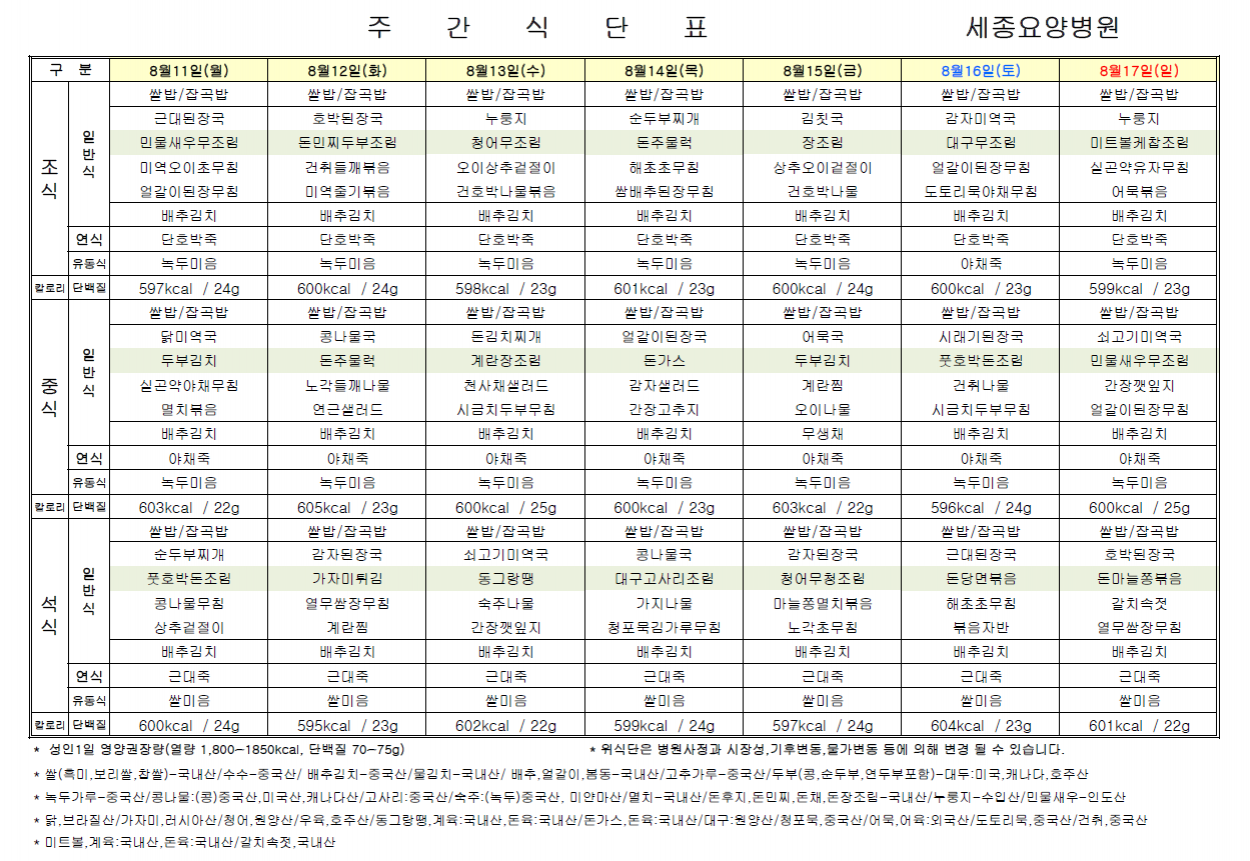 세종요양병원 25년 8월 셋째주 식단표 첨부이미지 : 화면 캡처 2025-08-11 092027.png