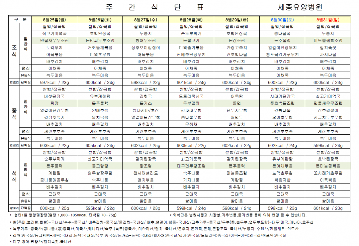 세종요양병원 25년 8월 다섯째주 식단표 첨부이미지 : 8월 25일부터 8월 31일.png