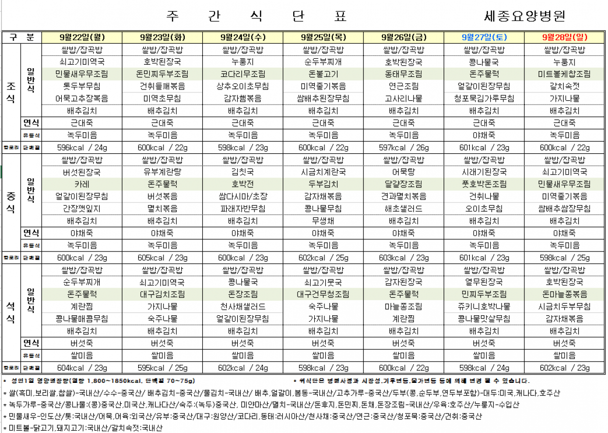 세종요양병원 9월 넷째주 식단표(25/09/22~09/28) 첨부이미지 : 25년 9월 22일.png