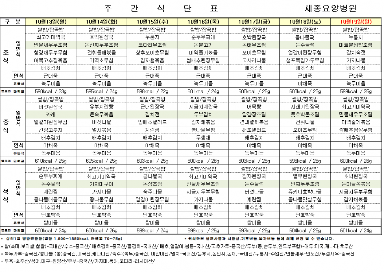 세종요양병원 10월 셋째 주 식단표(25/10/13~25/10/19) 첨부이미지 : 20251013_095108.png