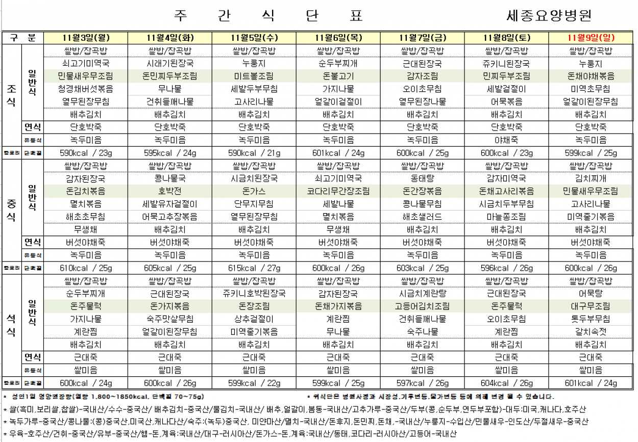 세종요양병원 11월 첫째주 식단표(25/11/03~11/09) 첨부이미지 : 20251103_091537.png