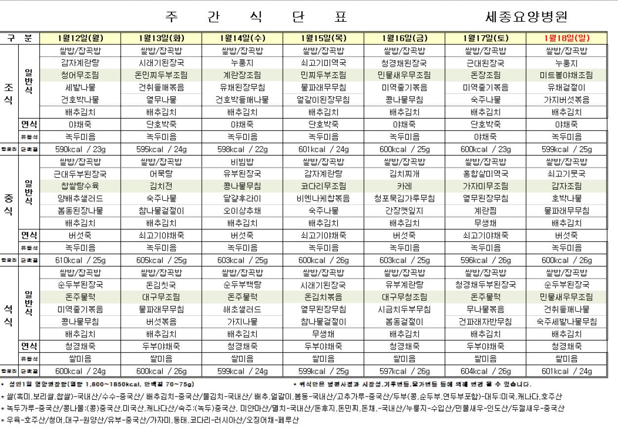 세종요양병원 1월 셋째 주 식단표(26/01/12~01/18) 첨부이미지 : 20260112_091138.png