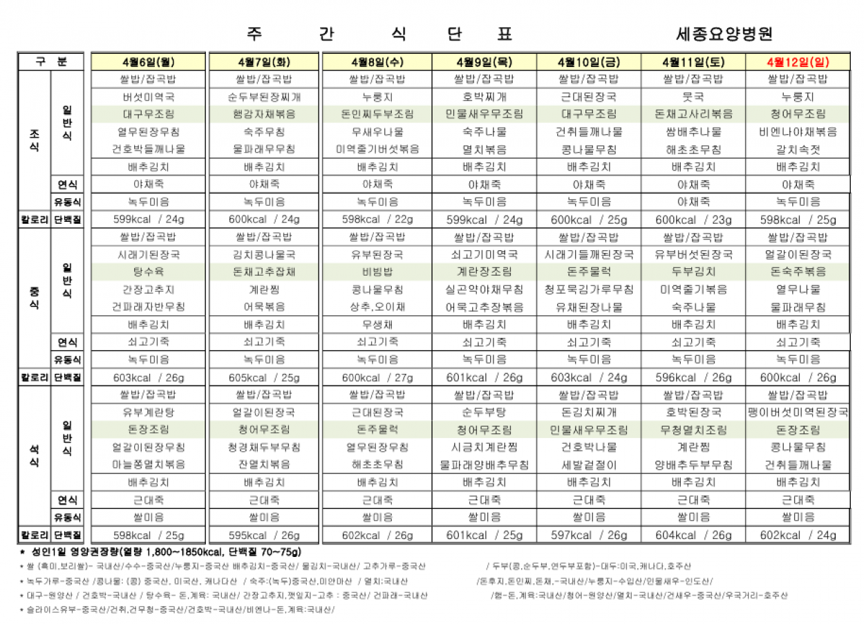 세종요양병원 4월 둘째 주 식단표(26/04/06~04/12) 첨부이미지 : 4월 둘째주 식단표.png