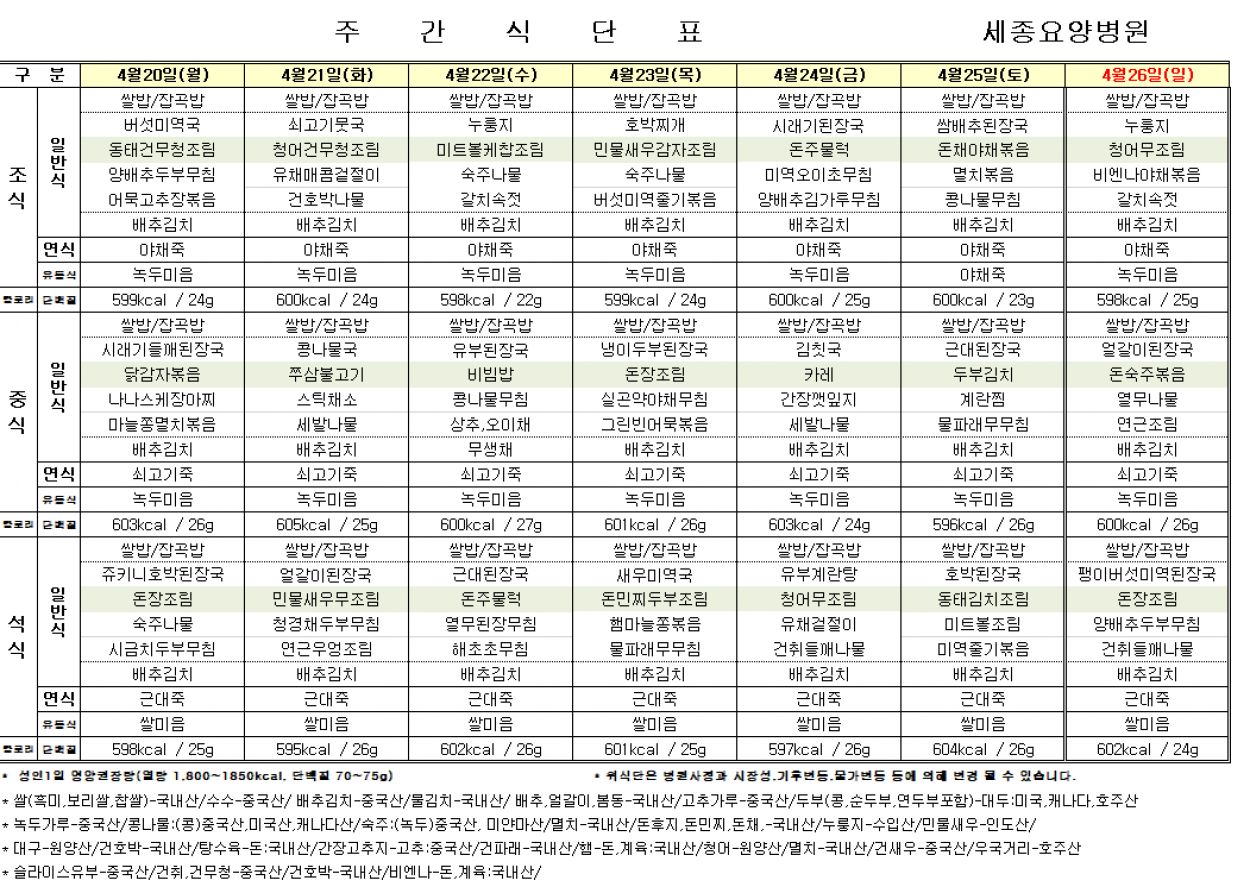 세종요양병원 4월 넷째 주 식단표(26/04/20~04/26) 첨부이미지 : 4월 넷째주 식단표.png