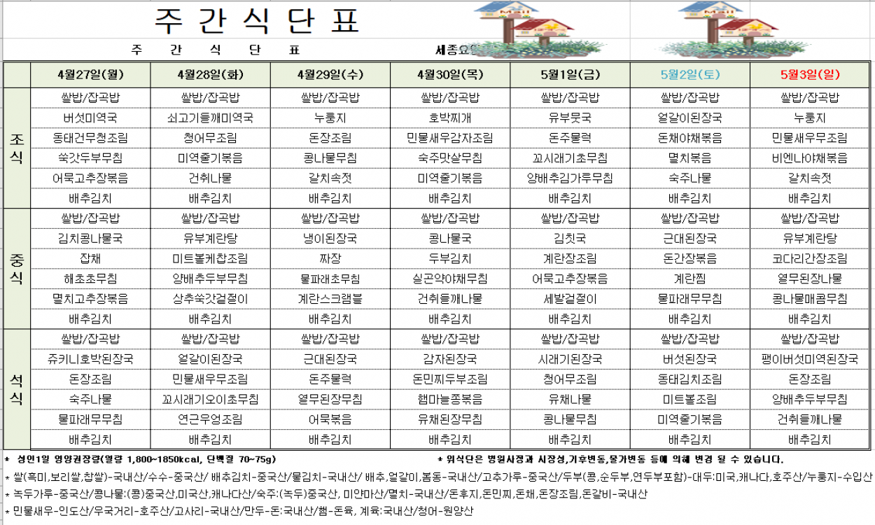 4월 다섯째 주 식단표(26/04/27~05/03) 첨부이미지 : 4월 다섯째주 식단표.PNG