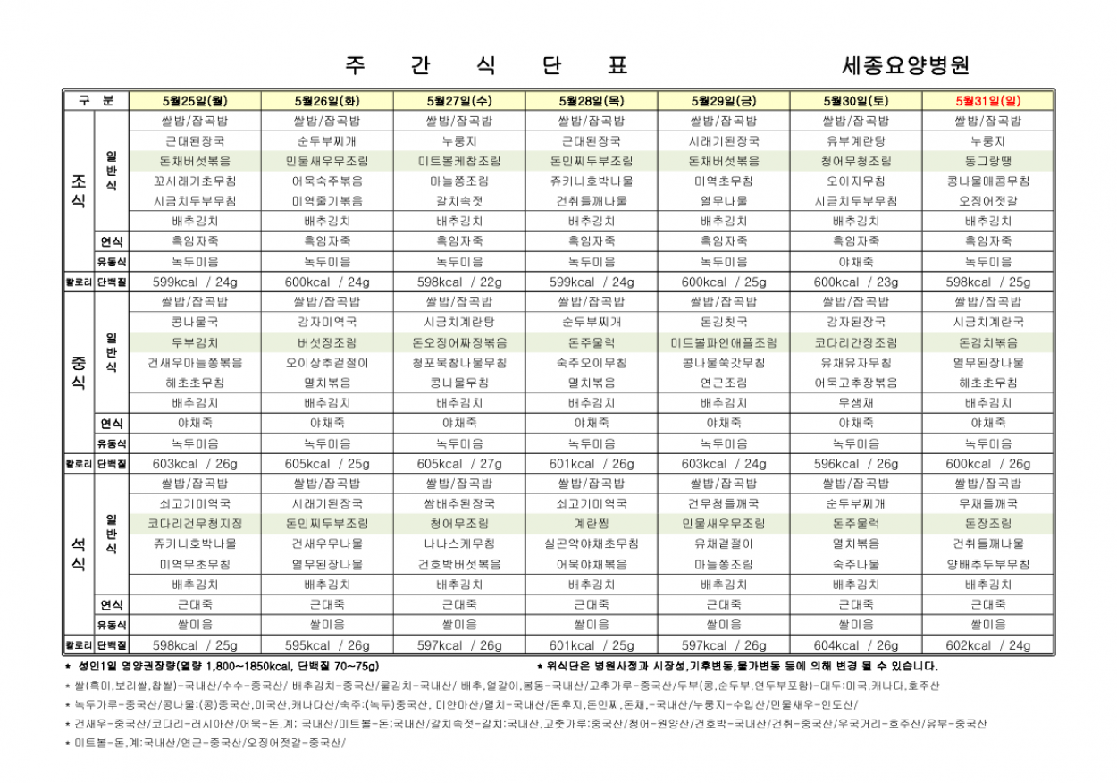 세종요양병원 5월 넷째 주 식단표(26/05/25~05/31) 첨부이미지 : 5월 넷째주 식단표.png