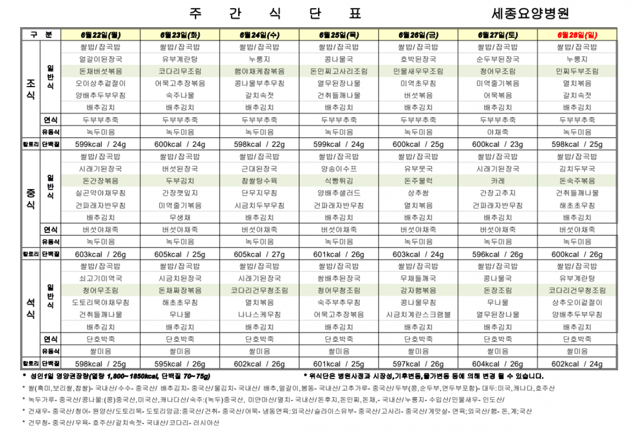 세종요양병원 6월 넷째 주 식단표(26/06/22~06/28) 첨부이미지 : 6월 넷째 주 식단표.png