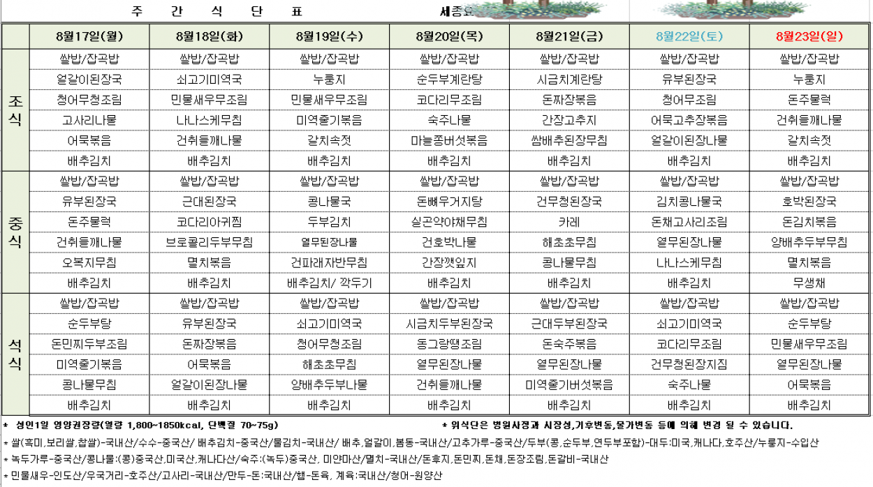세종요양병원 8월 셋째 주 식단표(26/08/17~08/21) 첨부이미지 : 8월3주차 식단표.PNG