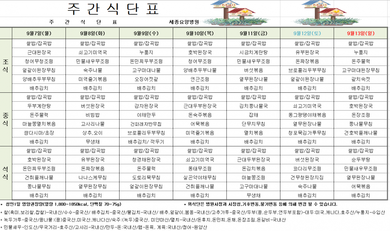 세종요양병원 9월 첫째 주 식단표(26/09/07~09/13) 첨부이미지 : 9월1주차 식단표.PNG